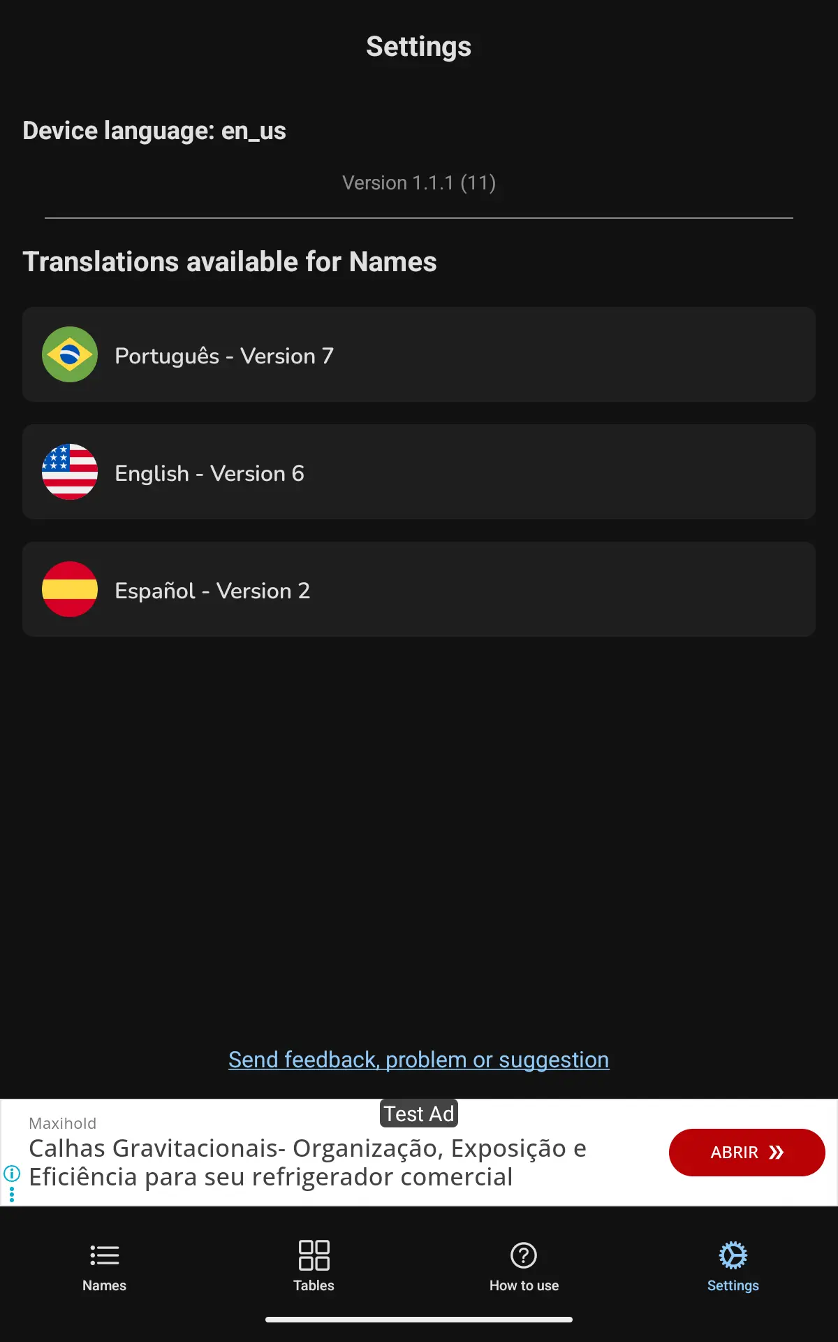 Configurações de Idiomas