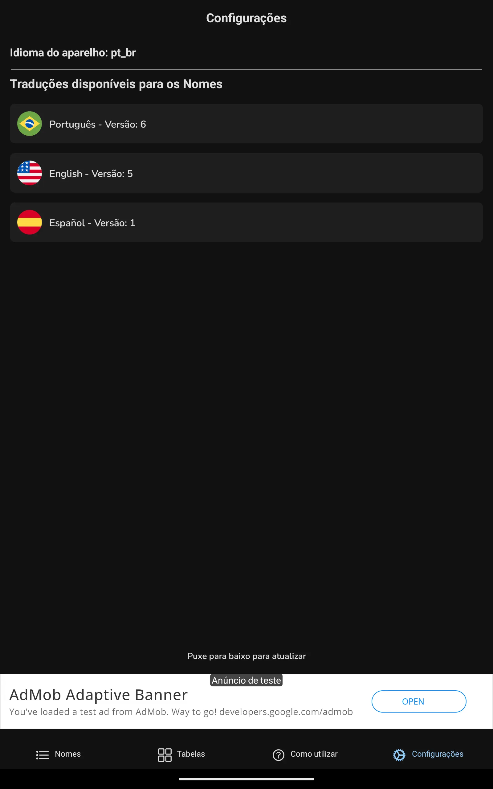 Configurações de Idiomas